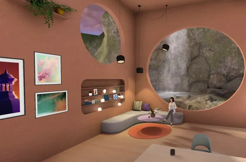 暖色系のモダンリビング、滝の景色、女性アバター