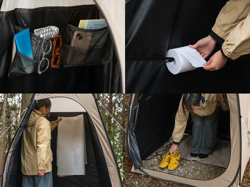 キャンプやアウトドアで使えるプライベートテントの多機能性を紹介する画像