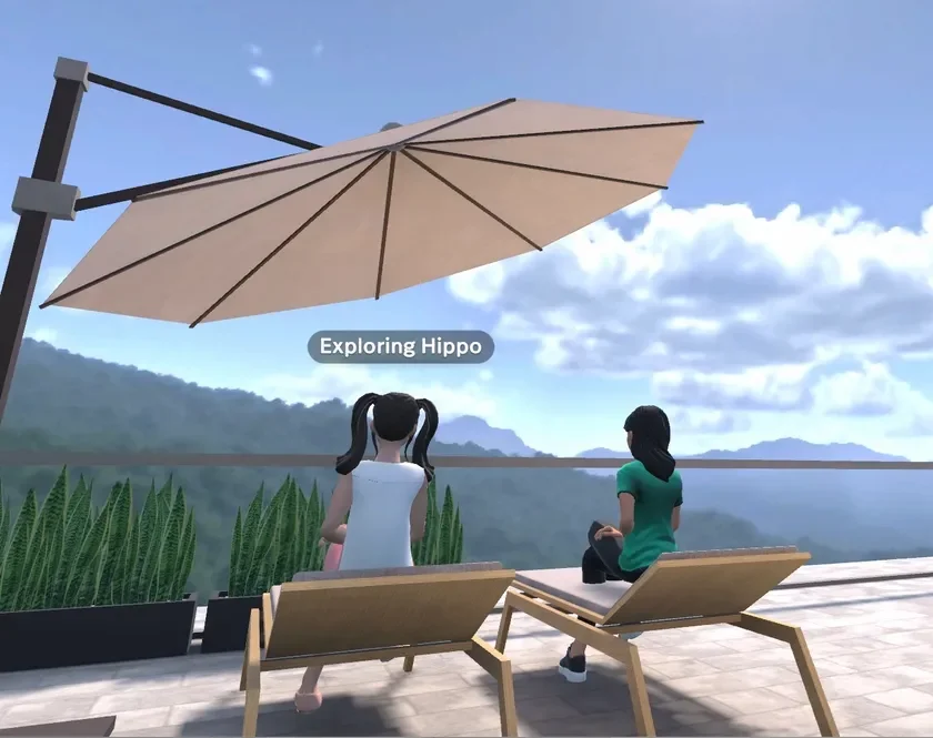 仮想空間のテラス、山々、女性アバター