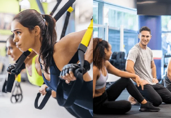 ジムでTRXトレーニングをするグループ
