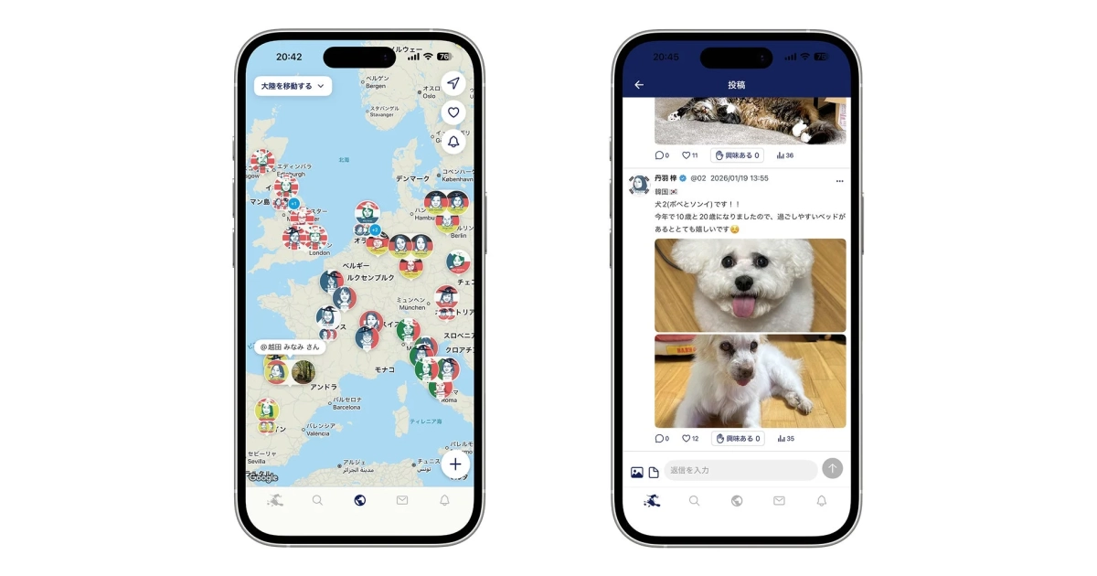 スマートフォン画面にヨーロッパの地図とSNS投稿が表示されている