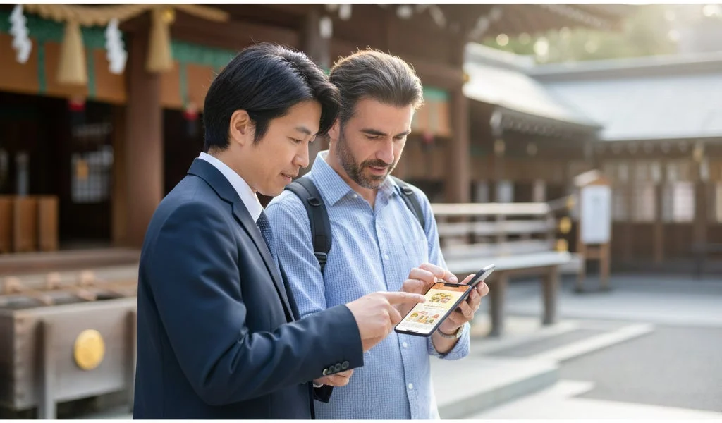 日本の伝統的な建物の前でスマートフォンを見る日本人男性と外国人男性