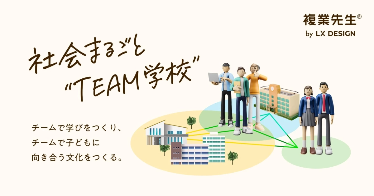 複業先生® by LX DESIGN 社会まるごと “TEAM学校” チームで学びをつくり、 チームで子どもに 向き合う文化をつくる。