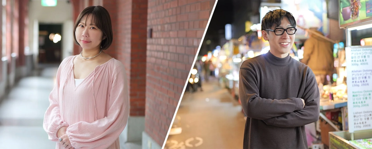 笑顔の男女と台湾茶のメニュー