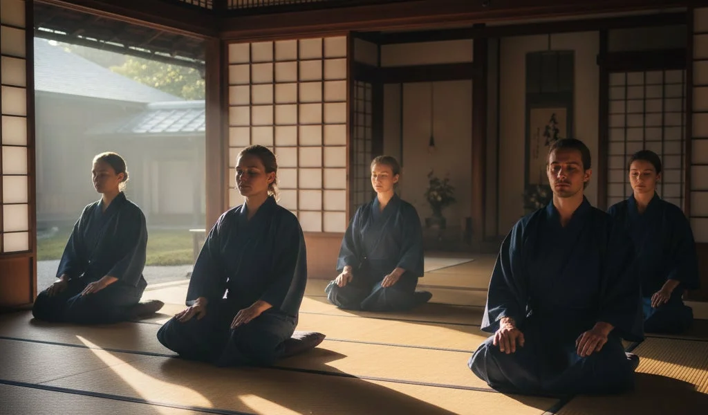 伝統的な日本家屋の和室で瞑想する人々