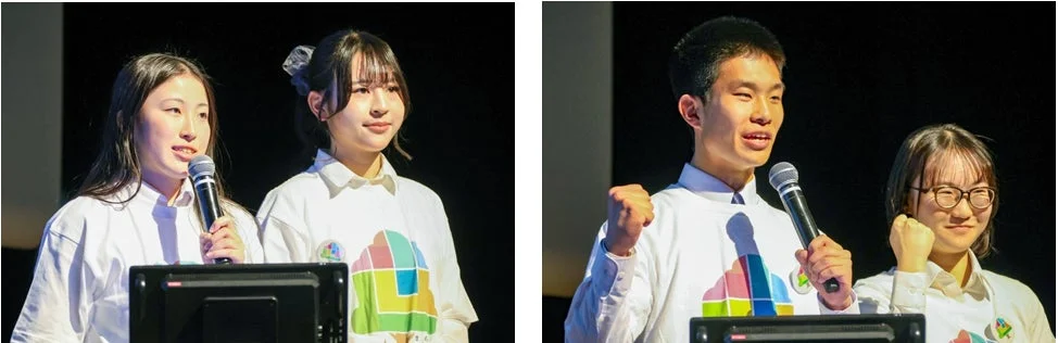 ステージでプレゼンテーションを行う玉川学園の中高生