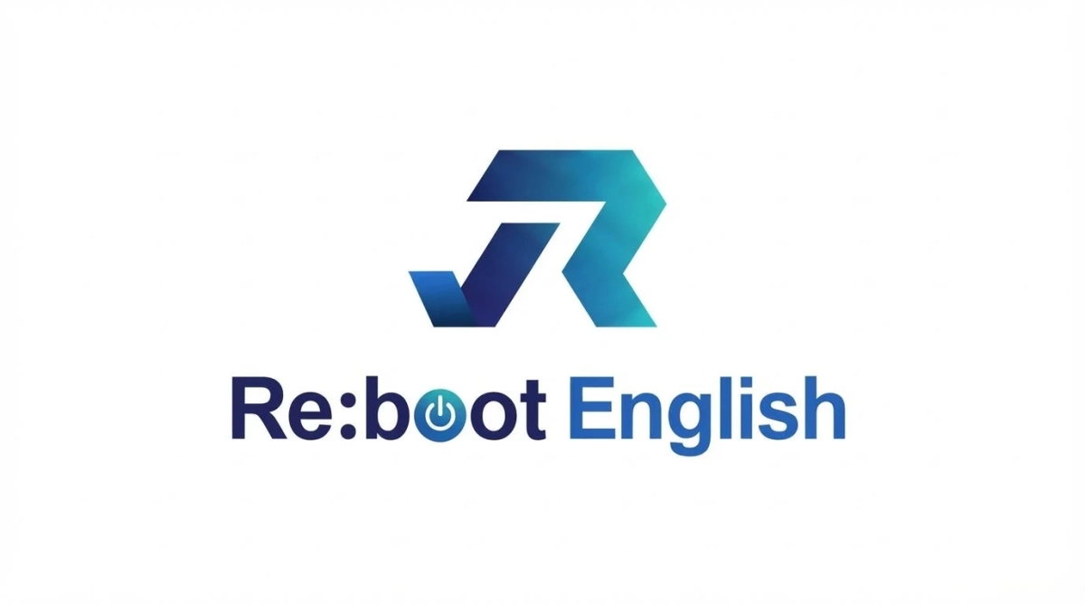 白背景に「Re:boot English」という文字と、青と水色のグラデーションで「JR」または矢印を組み合わせたような抽象的なロゴが配置されています。文字の「boot」の部分の「o」は電源ボタンのアイコンになっています。