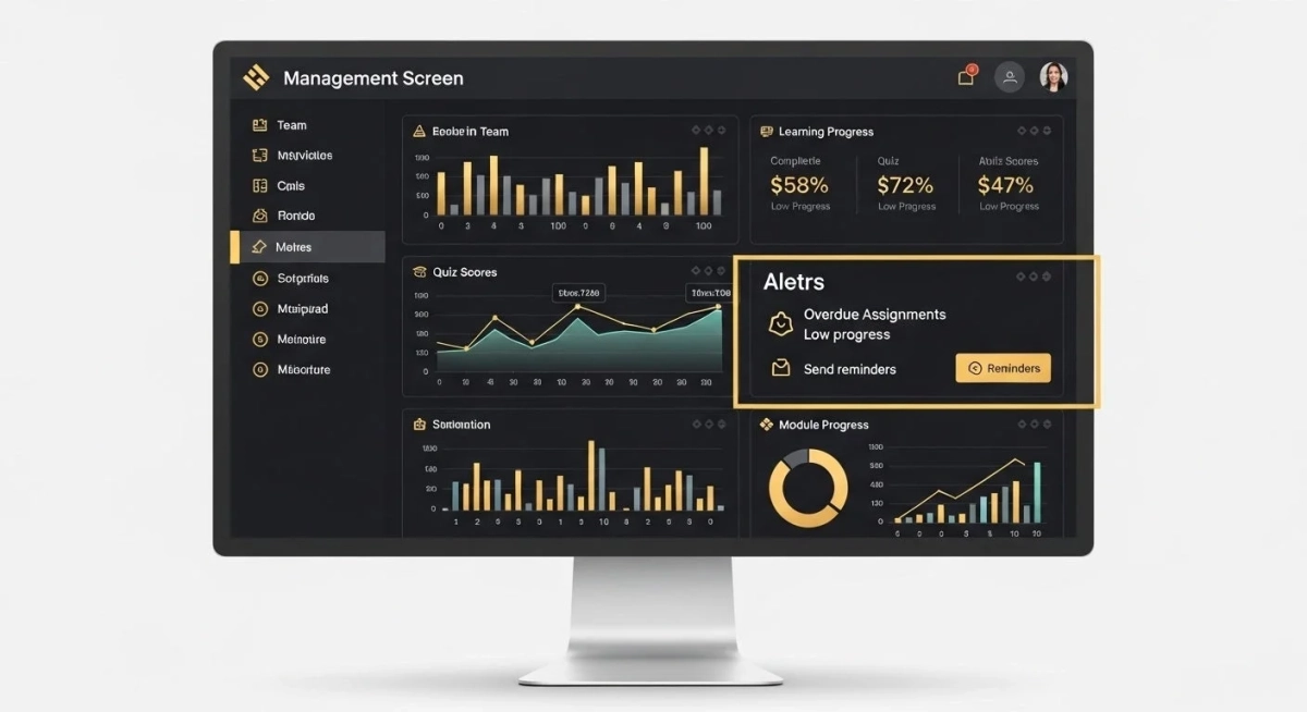 学習やプロジェクトの進捗を管理するダッシュボード画面がデスクトップモニターに表示されています。学習進捗率、クイズスコア、モジュール進捗などが複数のグラフで視覚化され、未提出課題や進捗の遅れに対するアラート機能も備わっています。