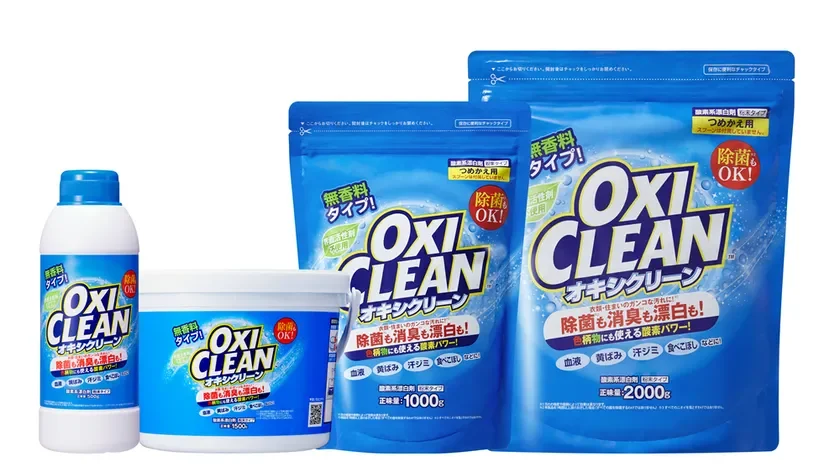 オキシクリーン製品のラインナップを紹介する画像です。液体、粉末、詰め替え用パウチがあり、無香料と有香料タイプがあります。除菌・消臭・漂白効果があり、色柄物にも使用できる酸素系漂白剤です。