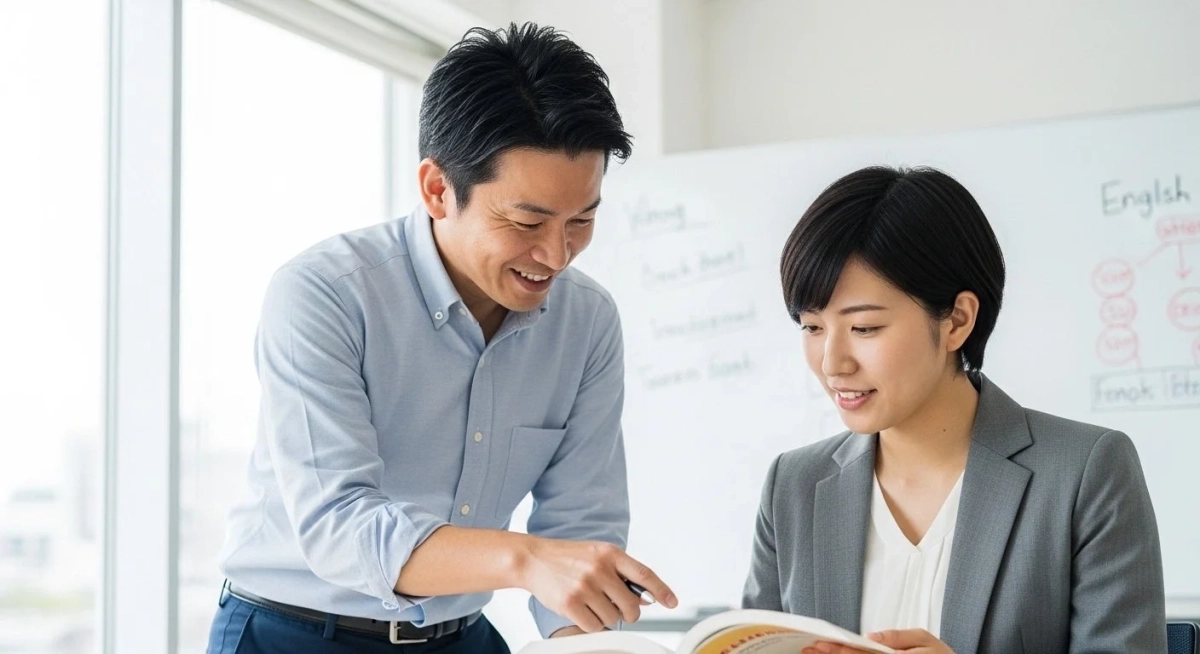 オフィスのような空間で、男性が女性が持つ本を指しながら笑顔で話しています。二人は和やかな雰囲気で、学習や業務の打ち合わせをしているようです。